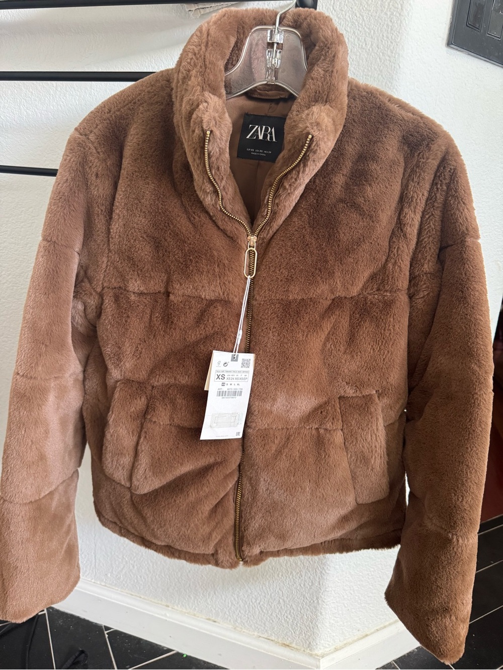 ZARA Plush Faux-Fur Bomber Jacket in Brown